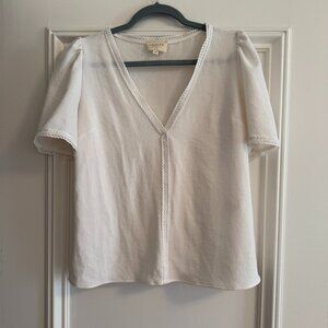 Sezane: Short Sleeve White V-Neck Blouse, Size 36